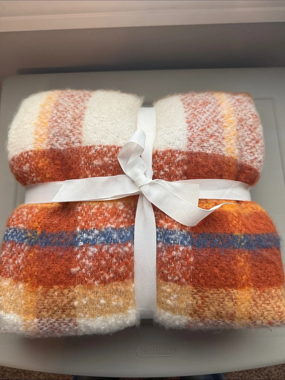 Ashland Orange & Cream Plaid Throw Blanket with Blue Accent